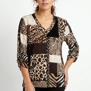 Allison Daley V Neck Top XL Animal Print Gold Metallic Accents Brushed Knit